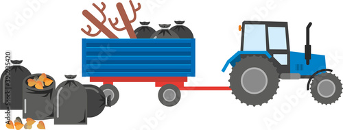 Tractor with a trailer loaded with black full garbage bags, old felled trees. The problem of ecology and garbage, collection and removal of leaves and old trees. Flat infographics. Vector