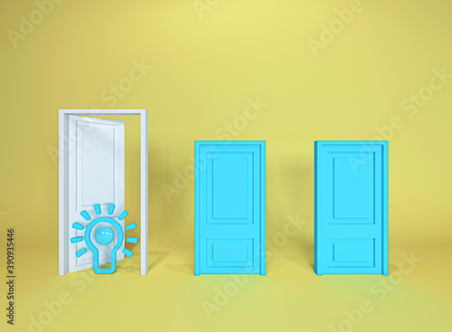 Open whithe door and green closed door abstract Idea lightbulb colorful yellow background. Minimal concept.Idea.Flat lay. 3d render.