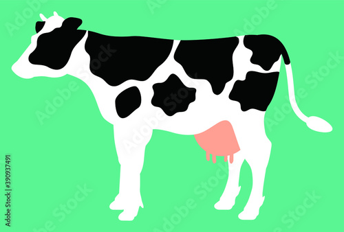 水色の背景に描かれた白黒模様のある牛の全身イラスト【横向き】