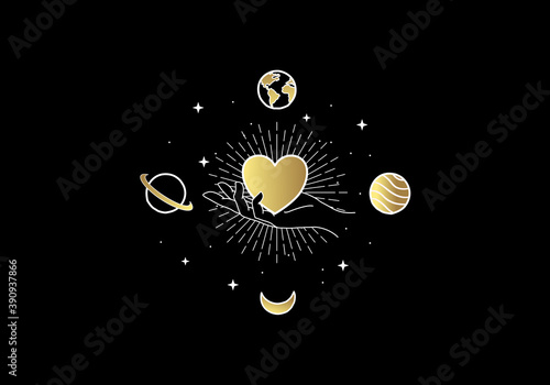 Universe of hearts. Heart or love symbol with planets and stars. Vintage boho magic design style. For spiritual guidance, tarot readers, valentine gift cards.