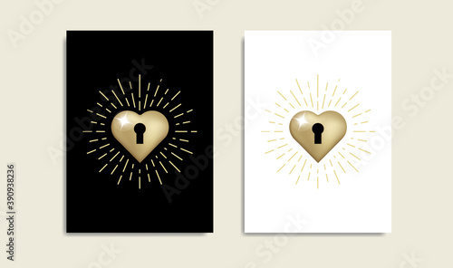 Heart key hole, golden color logo, Magic heart, boho spiritual guidance tarot reader design. decorative illustration tattoo