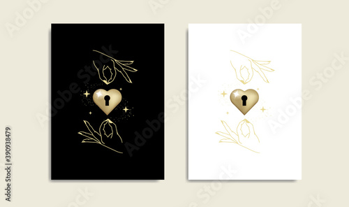 Hands holding Heart key hole, golden color logo, Magic heart, boho spiritual guidance tarot reader design. decorative illustration tattoo