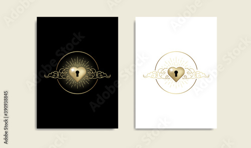 Heart key hole with cloud, golden color logo, Magic heart, boho spiritual guidance tarot reader design. decorative illustration tattoo