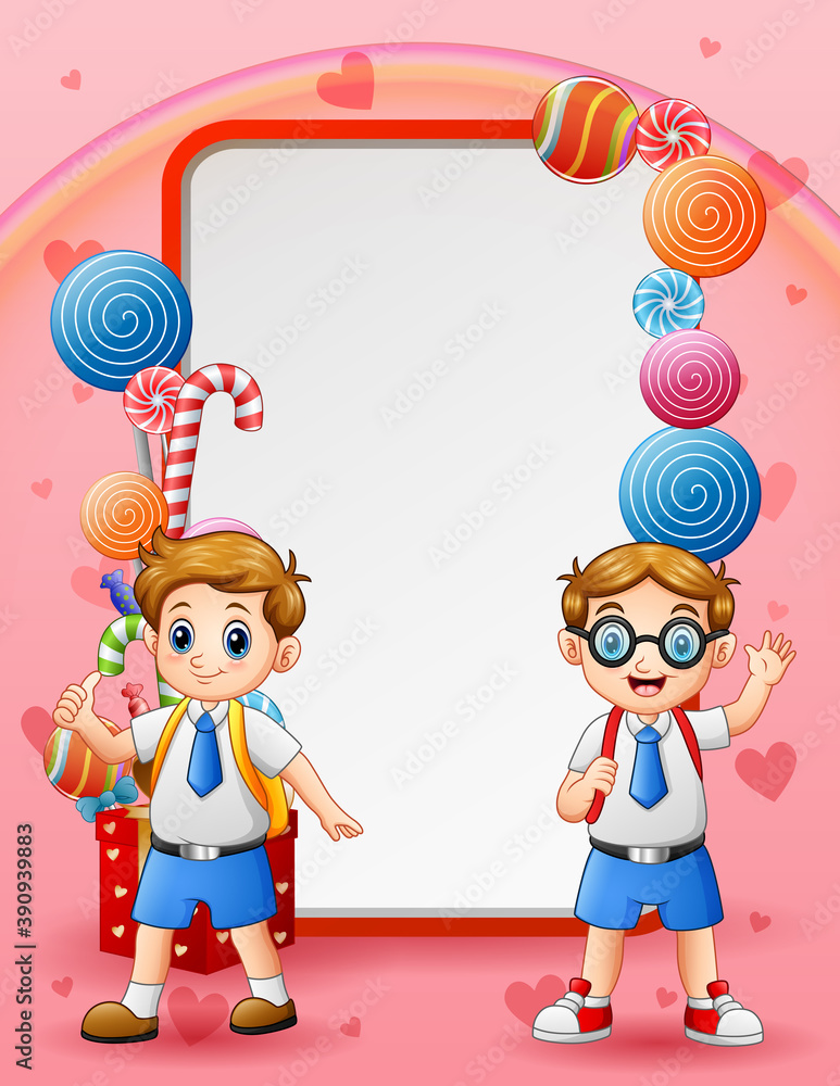 Sweet card background with happy two students Sweet card background with happy two students