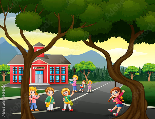 Happy student in front the school building illustration