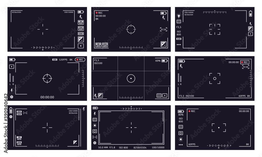 Camcorder viewfinder interface. Camera viewfinder, digital display video  quality, rec time, battery. Cam viewfinder screen vector illustrations.  Focusing screen, image stabilization vector de Stock | Adobe Stock