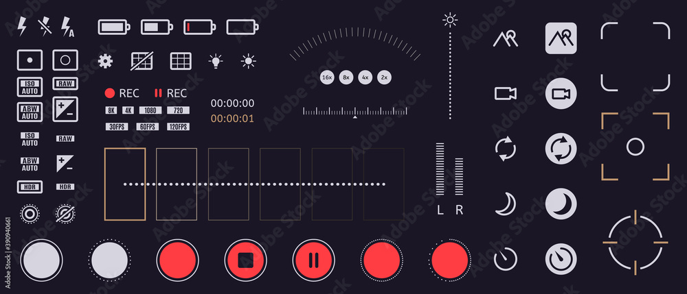 © WinWin - Smartphone camera icons. Mobile phone viewfinder interface elements, flash, quality, rec time, and battery ui icons. Phone camera vector symbols. Cellphone with functions for recording