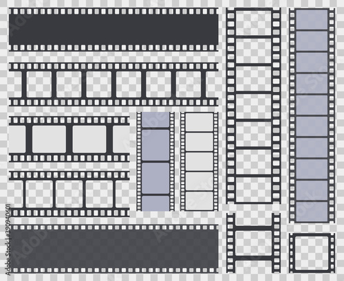 Film strip. Retro movie strip border, cinema monochrome photo or video framed filmstrip. Vintage cinematography tape isolated vector symbols. Blank photo frames, free space isolated on transparent