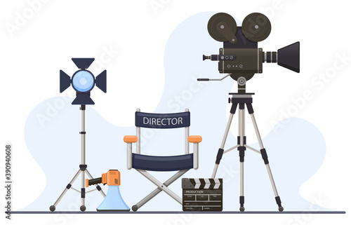 Director film sets. Movie camera, director chair, megaphone and clapperboard, film director cinema concept. Film production vector illustration. Cinematography equipment for shooting