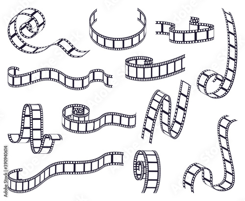 Curved film strip. Cinema monochrome movie or photo tape, strip roll border fragments. Vintage curved filmstrip isolated vector illustrations. Frames of different shapes with empty space