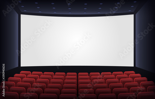 Empty cinema theatre. Film presentation scene with red chairs and white empty screen. Movie theatre empty scene vector illustration. Row with seats for watching movie, hall for spectators or audience