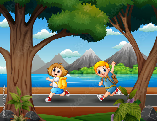 The child runs off to school illustration