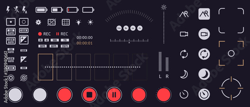 Smartphone camera icons. Mobile phone viewfinder interface elements, flash, quality, rec time, and battery ui icons. Phone camera vector symbols. Cellphone with functions for recording