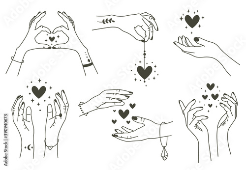 Magic hands with hearts. Boho linear style mystical hand, hand drawn arms with magic heart. Magical hands keep hearts vector symbols set. Arms with tattoos and bracelets, love concept