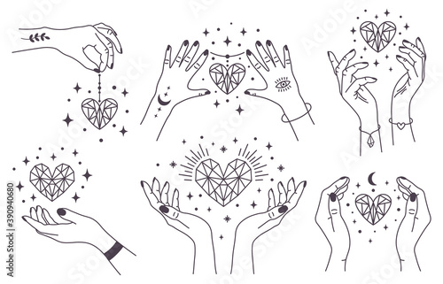 Mystical crystal hearts. Magical hands keep crystal hearts, spiritual witchcraft arms with gems. Magic esoteric hands vector illustration set. Tattooed hands with moon and eye holding diamond