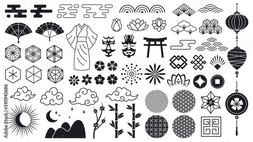 Asian oriental elements. Japanese or chinese flowers, ornaments, clouds and lanterns, asian traditional icons. Oriental culture vector symbols as bamboo branches and kimono isolated