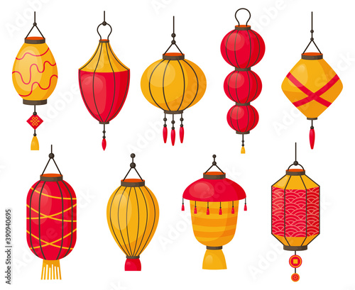 Asian lanterns. Chinese traditional red paper lamps, japanese or chinese street decoration. Oriental festival lanterns isolated vector symbols. Holiday decor elements in bright colors