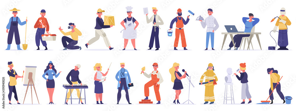 Different professions and occupations. Professional workers in uniform, doctor, teacher, chef and IT-specialist. Labor day vector illustration set. Male and female jobs as gardener, painter, sculptor Different professions and occupations. Professional workers in uniform, doctor, teacher, chef and IT-specialist. Labor day vector illustration set. Male and female jobs as gardener, painter, sculptor