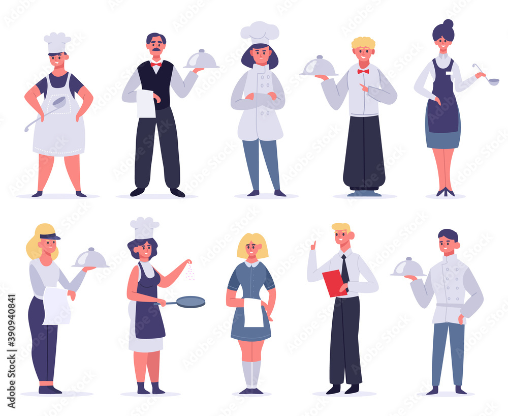 Kitchen workers. Restaurant staff characters, chef, assistants, hostess and waiter, kitchen workers cooking and serving, vector illustration set. Female and male employees in uniform Kitchen workers. Restaurant staff characters, chef, assistants, hostess and waiter, kitchen workers cooking and serving, vector illustration set. Female and male employees in uniform