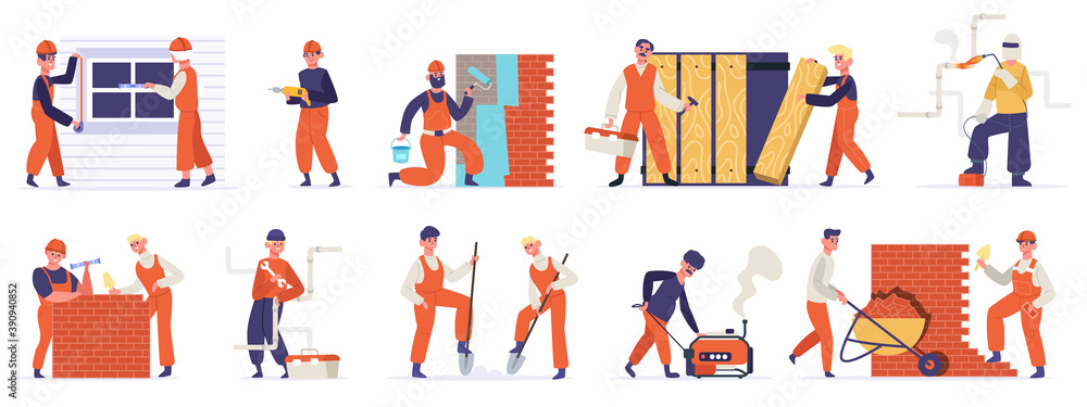 Building construction workers. Professional engineers, builders, mason, carpenter and handyman working. Technician workers vector illustration set. Men with tools or equipment for renovation Building construction workers. Professional engineers, builders, mason, carpenter and handyman working. Technician workers vector illustration set. Men with tools or equipment for renovation