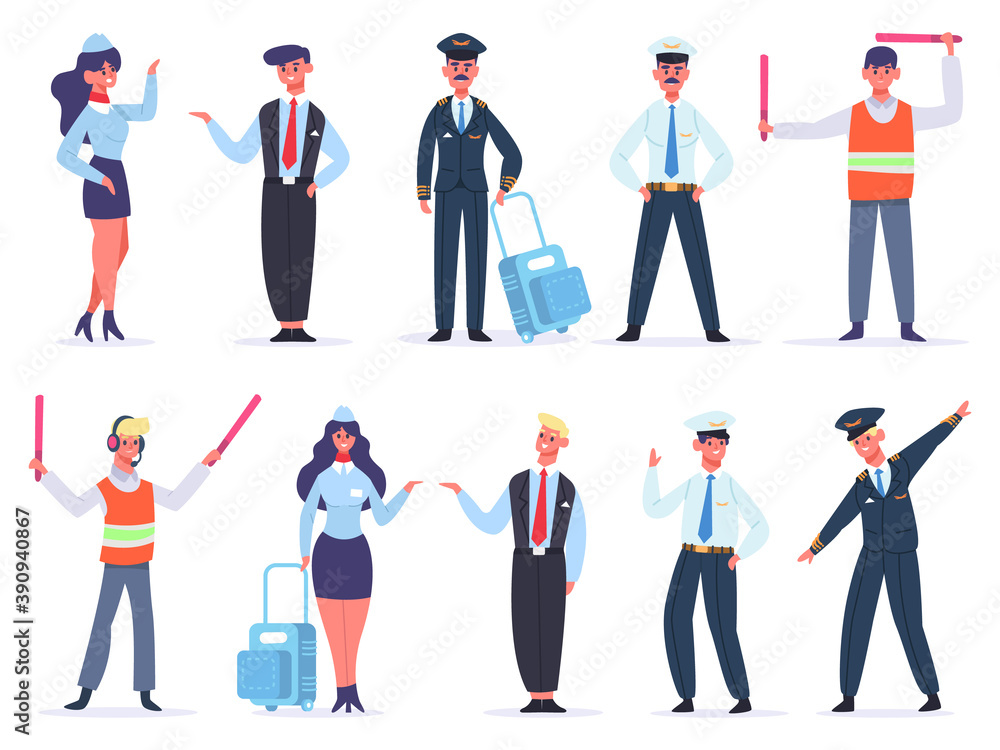 Fototapeta premium Aviation crew. Avia company workers team, captain, pilots, air hostess and crossing guard. Flight aviation aircraft command vector illustrations. Transport service , man and woman in uniform