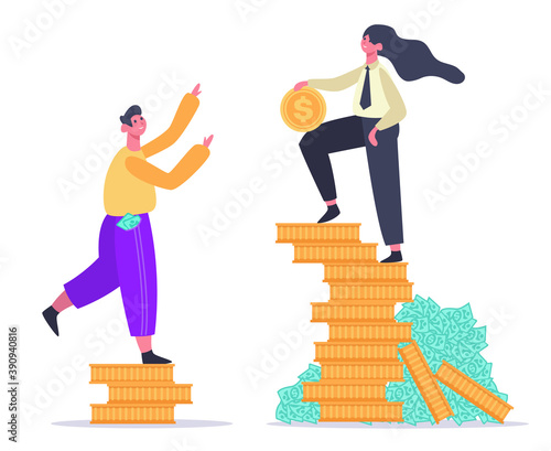 Salary inequality. Gender gap, economic classes inequality, male and female on money stack. Social difference, injustice vector illustration. Discrimination, people standing on coin piles