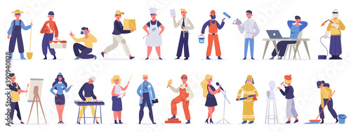 Different professions and occupations. Professional workers in uniform, doctor, teacher, chef and IT-specialist. Labor day vector illustration set. Male and female jobs as gardener, painter, sculptor