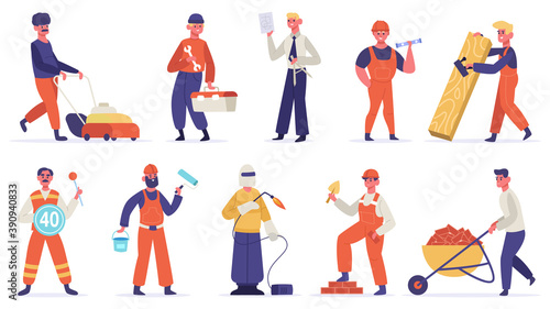Construction engineer characters. Builders, construction worker people, technician workers in uniform. Labor group workers vector illustration set. Welder, carpenter and painter with tools