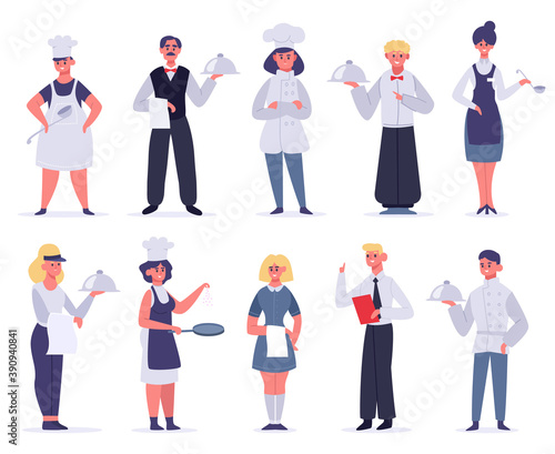 Kitchen workers. Restaurant staff characters, chef, assistants, hostess and waiter, kitchen workers cooking and serving, vector illustration set. Female and male employees in uniform