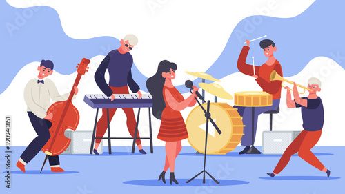 Jazz band concert. Music band musicians singing and playing guitar and drums and bass, modern jazz team. Rock band performance vector illustration. Woman singing on stage, festival or musical event