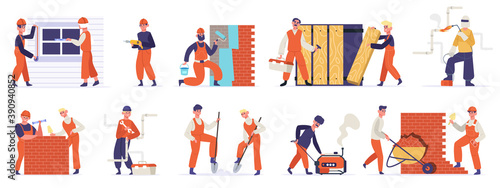 Building construction workers. Professional engineers, builders, mason, carpenter and handyman working. Technician workers vector illustration set. Men with tools or equipment for renovation