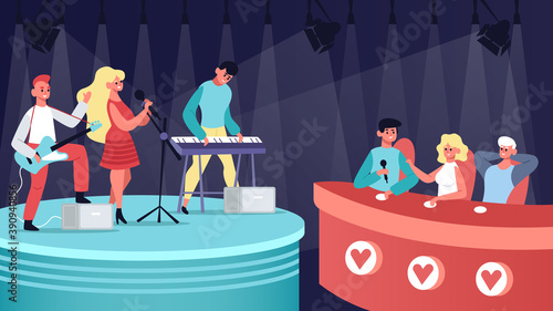 Talents music show. Vocal, musical TV competition, audition contest performing and jury judge. Singing talent show vector illustration. Musicians playing guitar and keyboard on stage