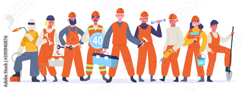 Construction workers team. Industrial service workers, builders and house repair handyman. Group of construction workers vector illustrations. People in uniform and helmet with working tools