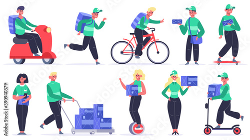 Delivery characters. Courier, postal workers, service boy with parcels and packages. Male and female delivery service workers vector illustrations. People on different vehicles shipping packs