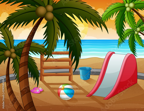 A slide with toys at the beach illustration