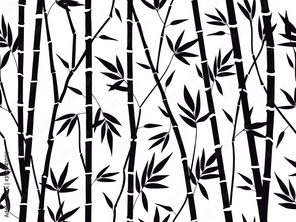 Bamboo forest texture. Bamboo forest silhouette, bamboo plants with leaves backdrop, asian bamboo stalks pattern vector background illustration. Tree branches with foliage for fabric - obrazy, fototapety, plakaty 