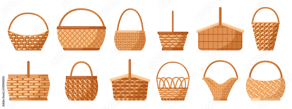 Wicker baskets. Picnic willow baskets, empty straw hampers, decorative wicker baskets with handle. Picnic baskets vector illustration set. Easter holiday various containers for food