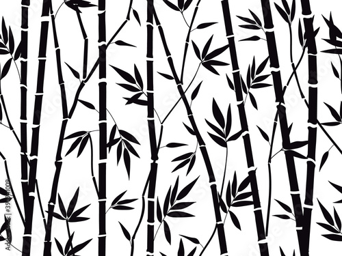 Bamboo forest texture. Bamboo forest silhouette, bamboo plants with leaves backdrop, asian bamboo stalks pattern vector background illustration. Tree branches with foliage for fabric © WinWin