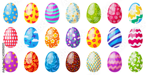 Cartoon easter eggs. Spring holiday chocolate egg, traditional ornament egg decoration, colorful easter egg decor vector illustration icons set. Decoration with heart, flower, stripes and dots