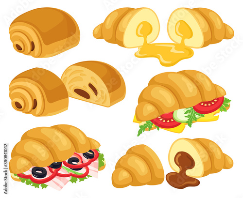Cartoon croissant. Baked croissant with chocolate, caramel, cheese and ham croissant sandwiches. Breakfast bakery croissant vector illustrations. Sliced product with vegetables and bacon, sweet bun
