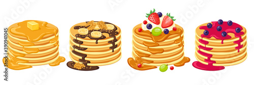 Cartoon pancakes. Stacks of tasty pancakes with maple syrup, butter, chocolate syrup, fruits and jam. Delicious breakfast food vector illustrations. American brunch with berries and nuts
