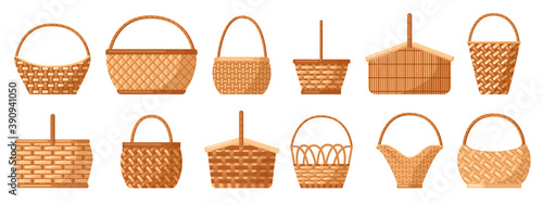 Wicker baskets. Picnic willow baskets, empty straw hampers, decorative wicker baskets with handle. Picnic baskets vector illustration set. Easter holiday various containers for food