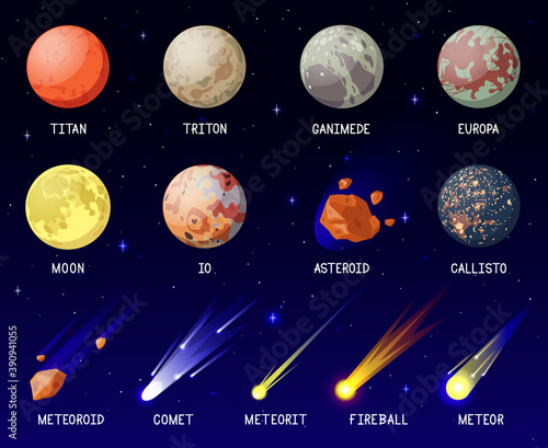 Cartoon planets. Solar system planets, galaxy cosmic space celestial bodies, planets satellites, moon, comet and meteorite vector illustration set. Outer space elements exploration