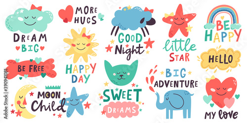 Cute kids lettering. Nursery hand drawn quotes with moon, clouds, stars, cute animals. Doodle baby shower or nursery room vector illustration set. Colorful rainbow, sun, elephant and cat