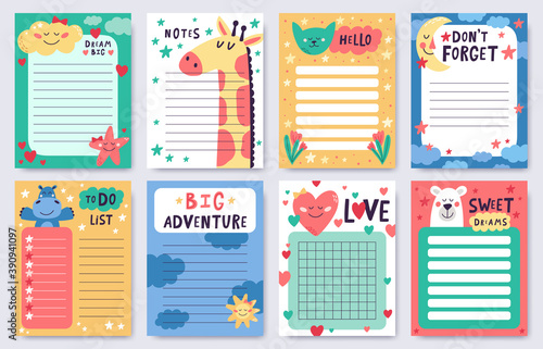 Childish planners. Cute nursery notebook sheets pack. Goal achievement and task planning pages with cute animals, moon, stars vector illustrations. Agenda set with place for text, to do list, notes