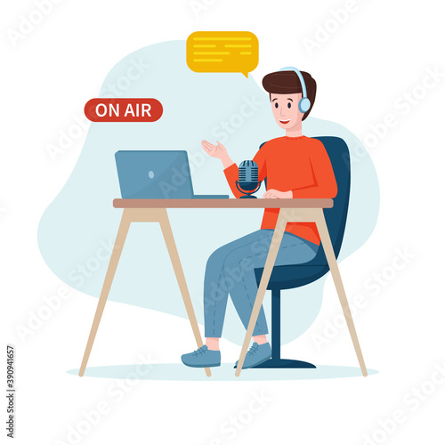 Stock vector illustration: podcast concept. Podcaster man talking to microphone while recording podcast.