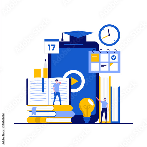 Online learning educational system concept with character. Opportunities in distance learning and e-learning. Complex content, tasks, resources as e-library, reference