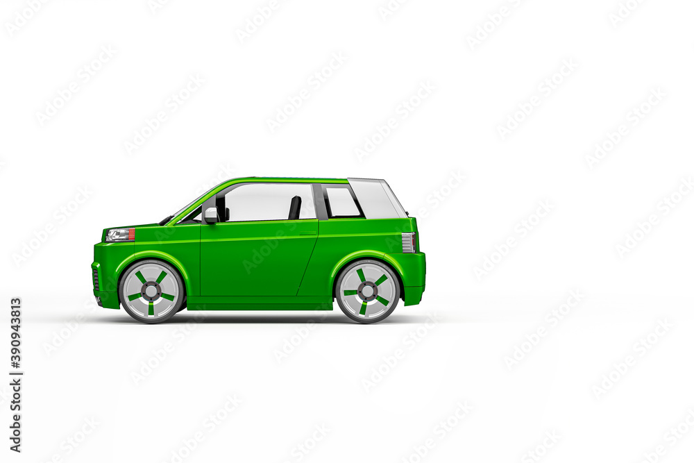 Fototapeta premium green car isolated on white background. Generic Electric Car, Hybrid Vehicle, Futuristic City Car, Alternative Fuel Vehicle, Electric Vehicle Charging Station, In White Photography Studio