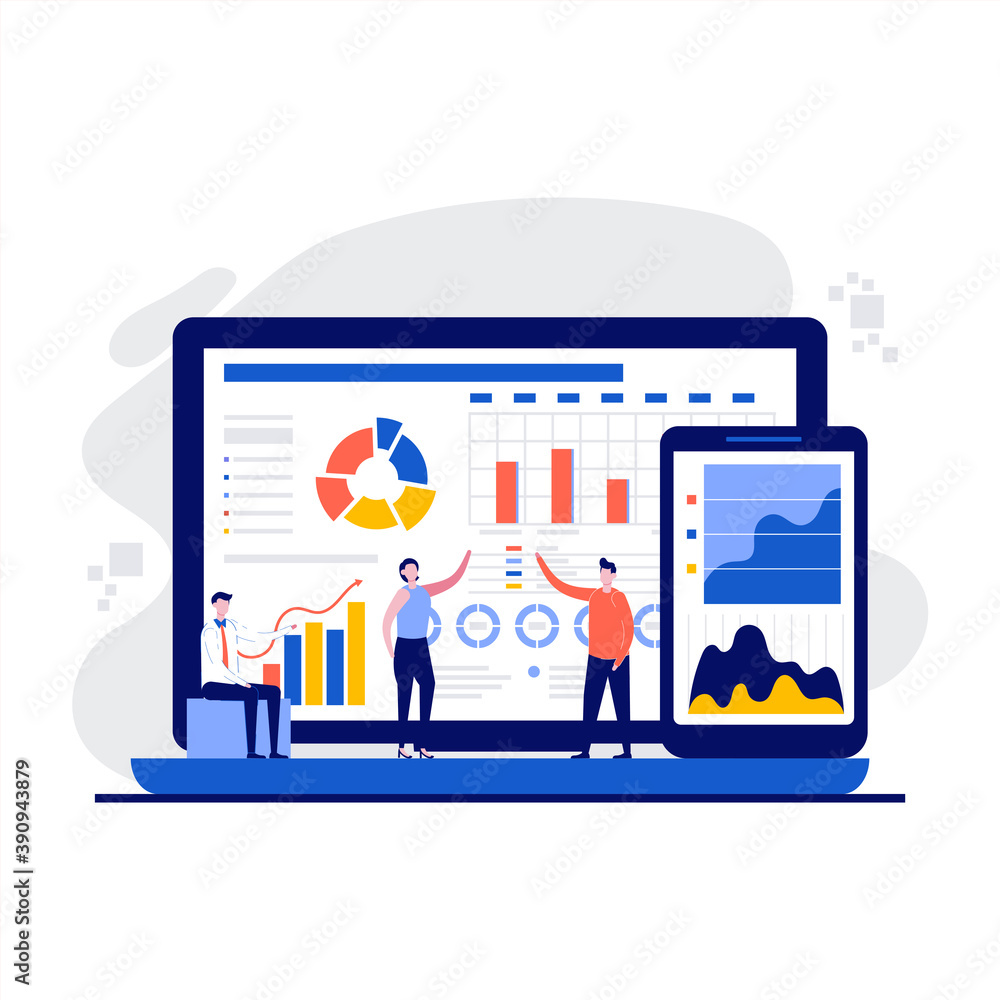 Fototapeta premium Database statistics concept with character. Office managers analysing data collection, information overview, business development. Modern flat style for landing page, mobile app, hero images