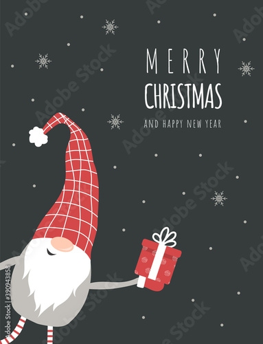 Christmas card with cute nordic gnome in red hat with gift. Season greetings. Merry christmas and happy New year. Vector illustration in cartoon style. Scandinavian vintage postcard.